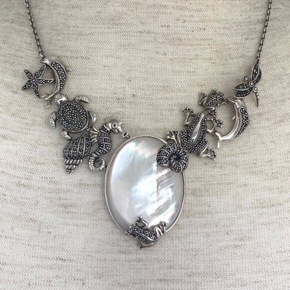 Sterling Silver 925 MOP Marcasite Sea Life Shell Panel Necklace & Earring Set - Picture 15 of 16